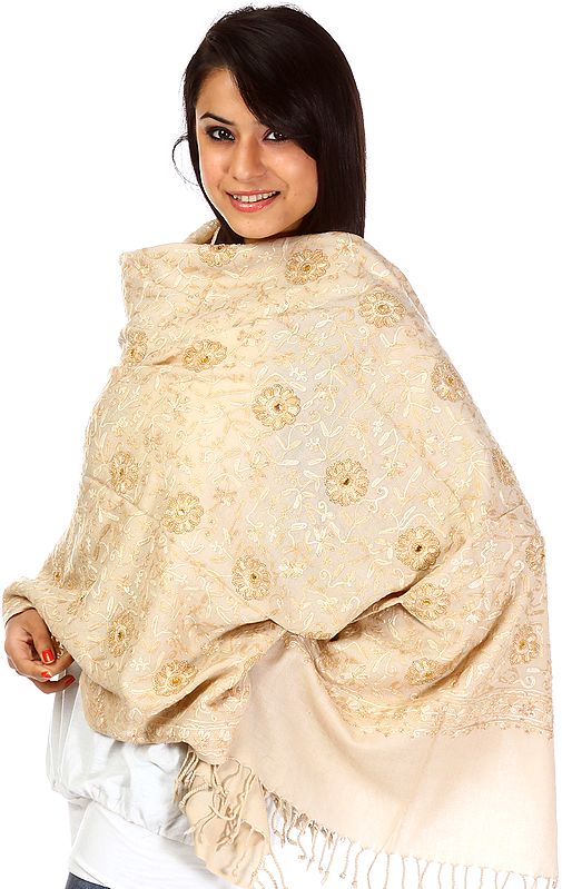 Khaki Stole with All-Over Aari Embroidery in Self Color Thread and Sequins