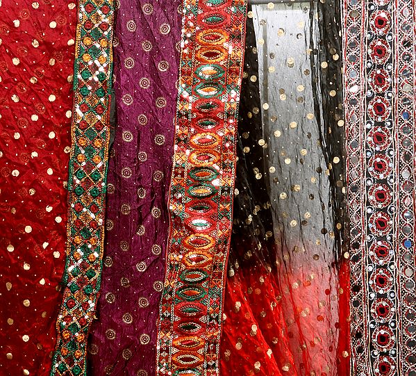 Lot of Three Gajji Dupattas from Gujarat with Sequinned Patch Border