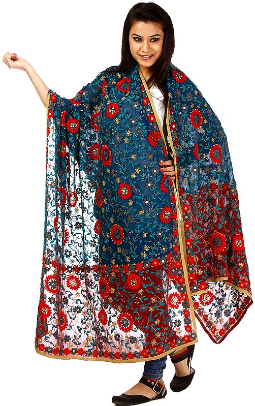Princess-Blue and Maroon Phulkari Shawl with Hand-Embroidered Flowers and Sequins