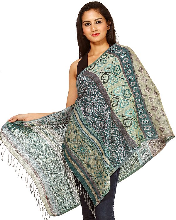 Gray and Green Reversible Jamawar Stole with All-Over Weave