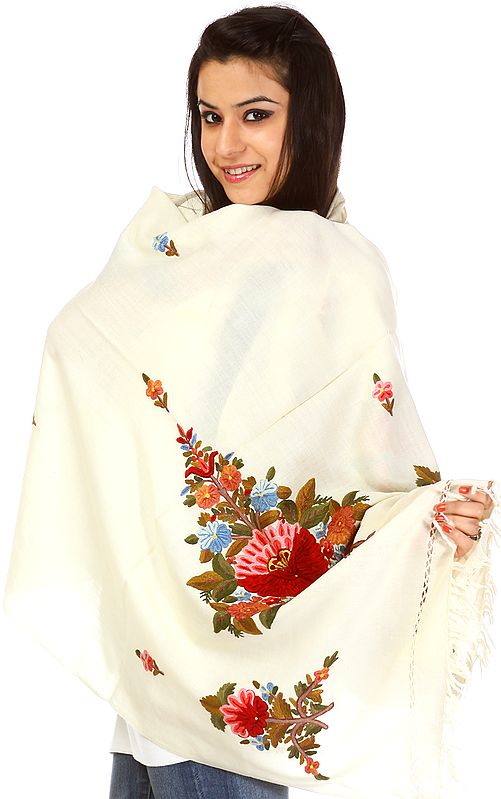 Ivory Kashmiri Stole with Flowers Embroidered by Hand