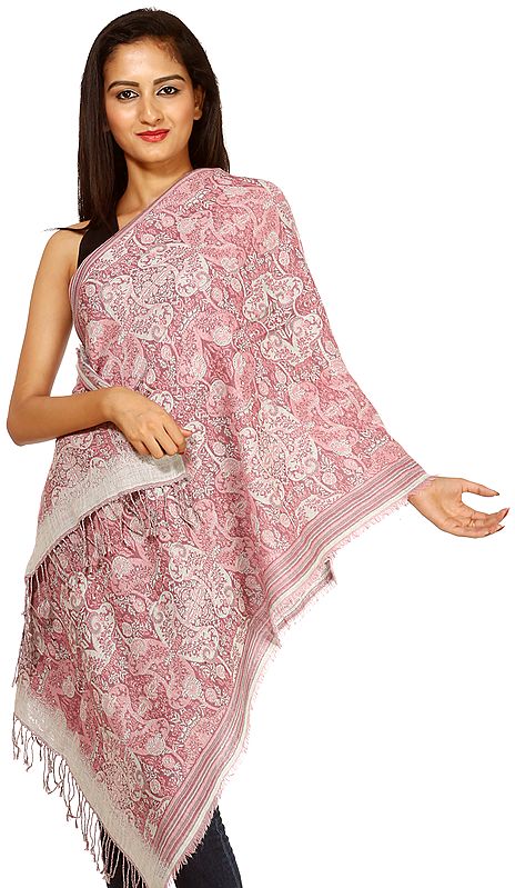 Pink and Gray Double-Sided Jamawar Stole with Woven Paisleys and Flowers
