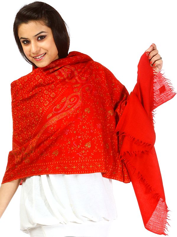 Scarlet Tusha Stole with All-Over Sozni  Embroidery by Hand