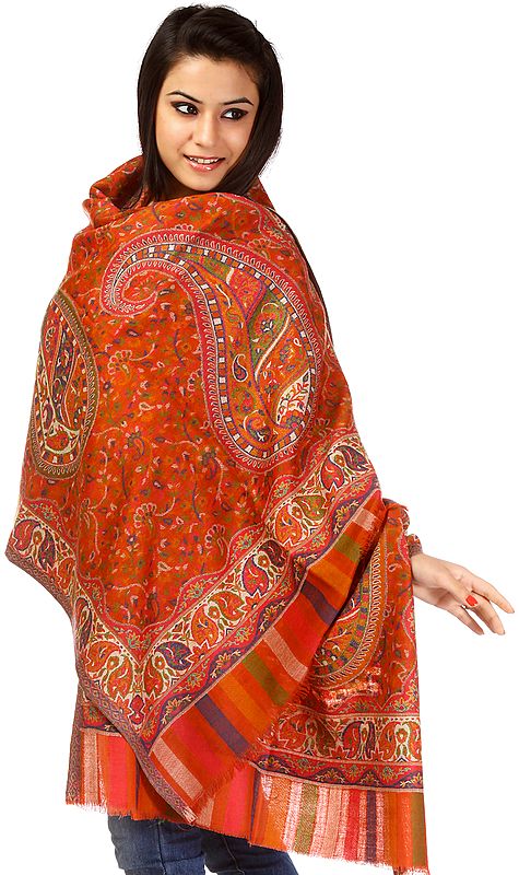 Apricot-Orange Kani Stole with Woven Paiselys in Multi-Color Thread