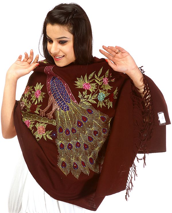 Dark-Brown Stole with Kantha Embroidered Peacock with Sequins