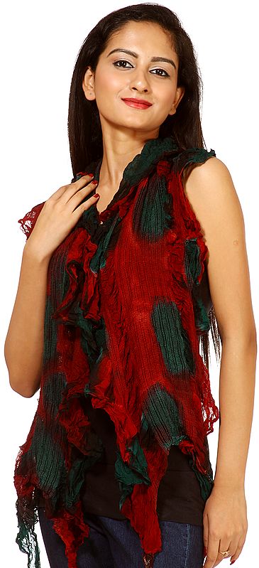 Red and Teal-Green Crushed Batik Dyed Scarf