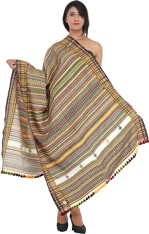 Multi-color Hand-woven Folk Shawl from Kutch