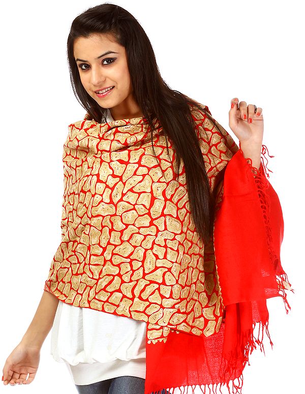 Flame Scarlet-Red Stole with  Aari Embroidery All-Over
