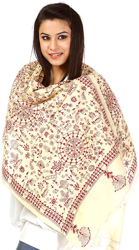 Chamomile Kantha Stole with Hand-Embroidered Warli Motifs
