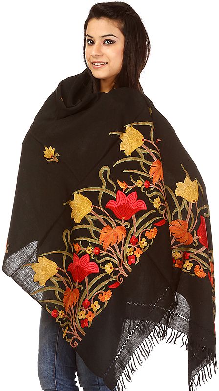 Black Kashmiri Stole with Flowers Embroidered by Hand