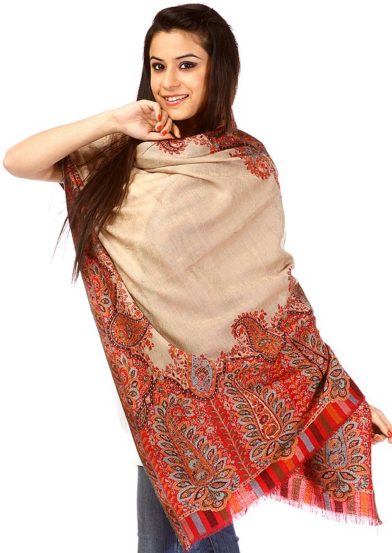 Beige Kani Stole with Woven Paiselys on Edges