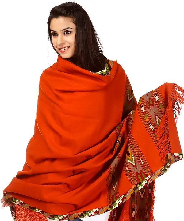 Jaffa-Orange Kullu Shawl with Kinnauri Woven Border