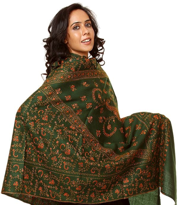 Dark-Green Tusha Shawl with Intricate Kashmiri Sozni Embroidery by Hand All-Over