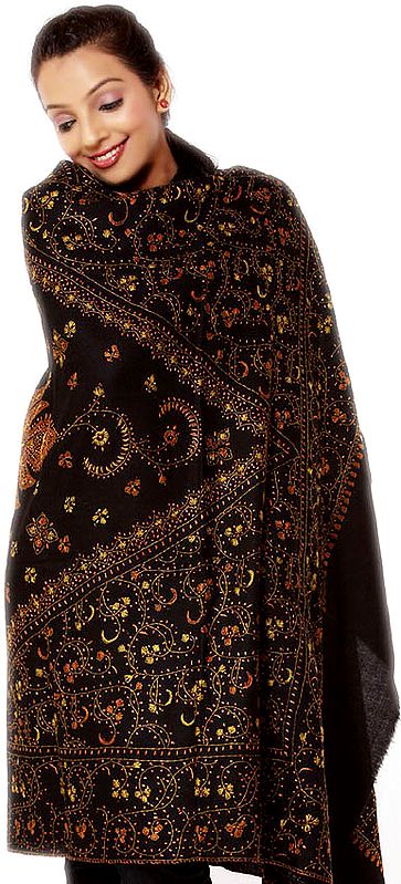 Black Kashmiri  Tusha Shawl with All-Over Sozni Embroidery By Hand