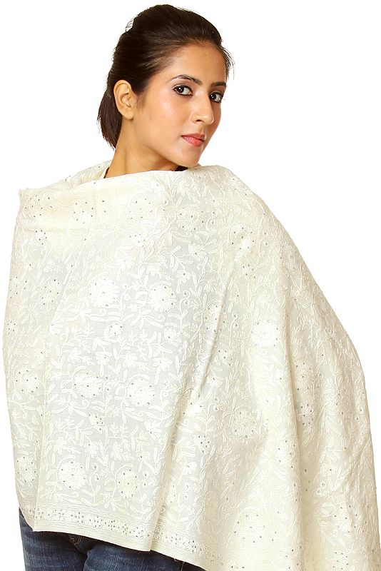Ivory Stole with All-Over Aari Embroidery in Self Colour Thread and Crystals