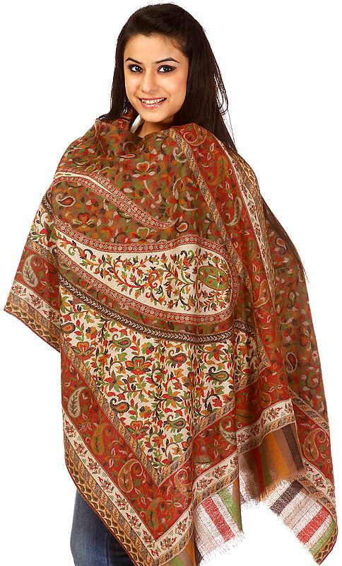 Elmwood-Beige Kani Stole with Woven Paiselys in Multi-Color Thread