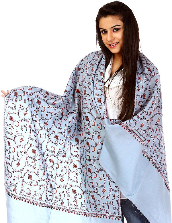 Cashmere-Blue Kashmiri Stole with Sozni Embroidery All-Over