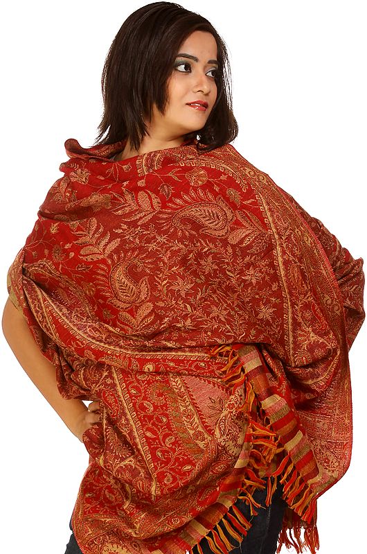 Red and Beige Jamawar Shawl with Woven Paisleys