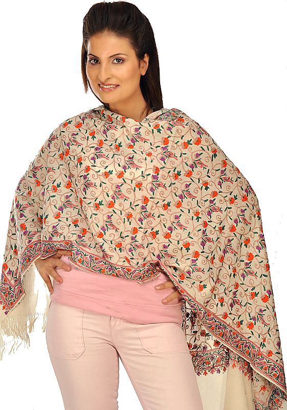 Ivory Kashmiri stole with Hand Embroidered Flowers All-Over
