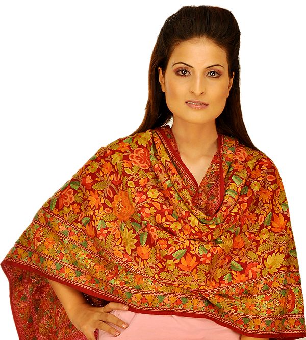 Ribbon-Red Phulkari Stole with Aari Embroidered Flowers All-Over