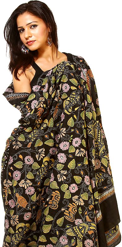 Phantom-Black Kantha Shawl with Hand-Embroidered Flowers and Birds All-Over