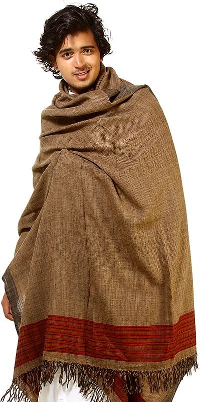 Otter-Brown Kullu Men's Shawl with Kinnauri Woven Border