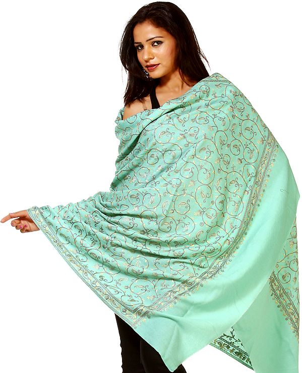 Ocean-Wave Kashmiri Shawl with All-Over Aari-Embroidery by Hand