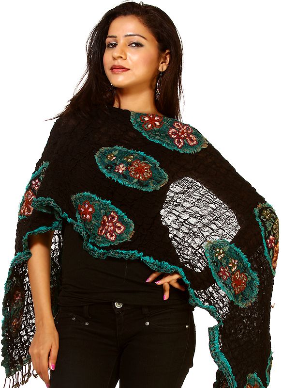 Black Stretch Scarf with Aari-Embroidered Flowers