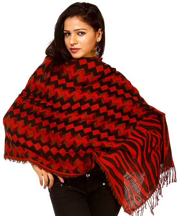 Red and Black Jamawar Reversible Stole
