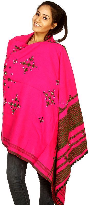 Hot-Pink Handwoven Shawl from Kutchh with Beadwork