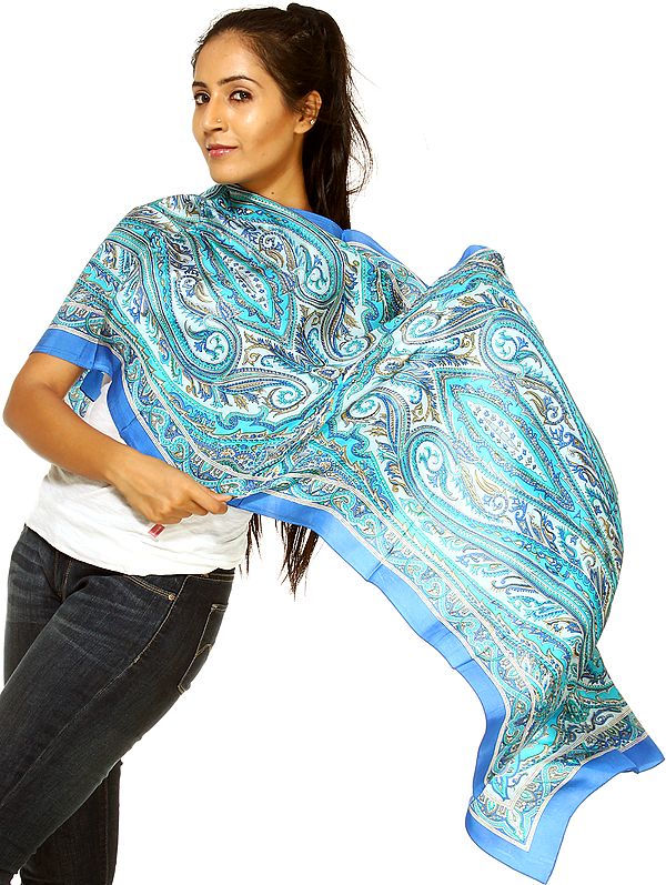 Blue Atoll Stole with Large Printed Paisleys All-Over