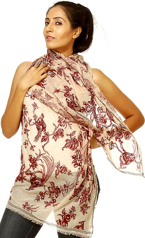 Beige Stole with Printed Birds and Flowers