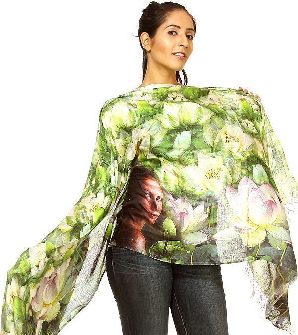 Lime-Green Stole with Digital-Printed Lady and Lotus Flowers