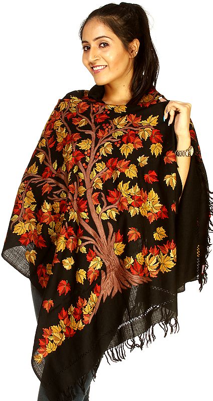 Black Kashmiri Stole with Hand Embroidered Tree of Life