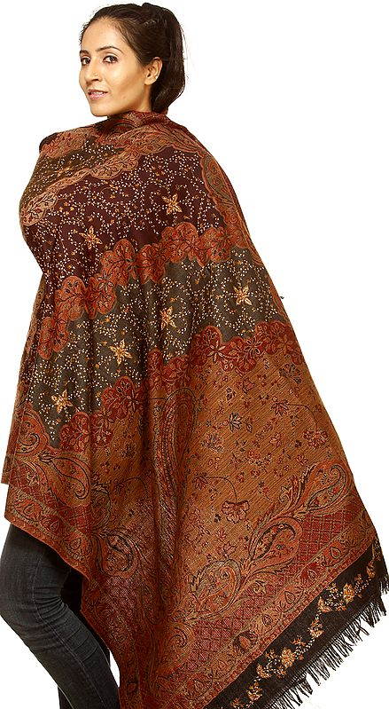 Maroon and Gray Jamawar Shawl with Woven Paisleys and Sozni Embroidery by Hand