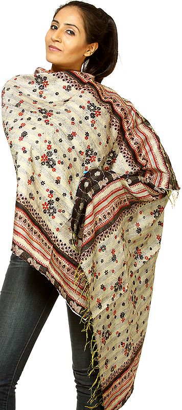 Beige and Aqua Double-Sided Kantha Embroidered Stole with Printed Flowers