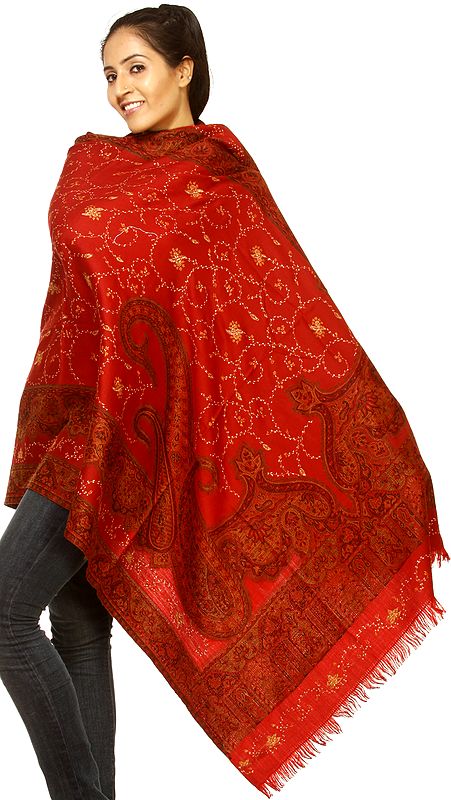 Pompeian-Red Jamawar Shawl with Sozni Embroidery by Hand