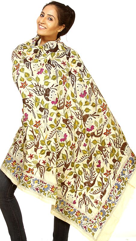 Beige Kantha Shawl with Hand Embroidered Flowers and Birds All-Over