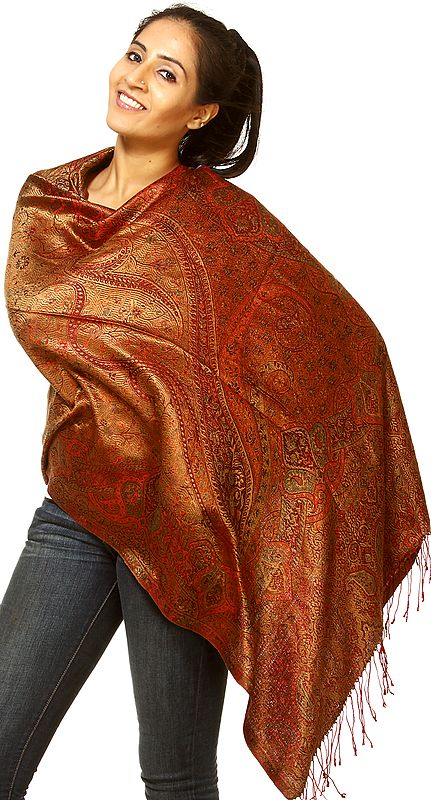 Reversible Red and Golden Super Silk Jamawar Stole with All-Over Weave