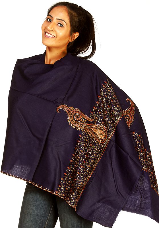Midnight-Blue Kashmiri Stole with Needle Stiched Embroidered  Paisleys on Border