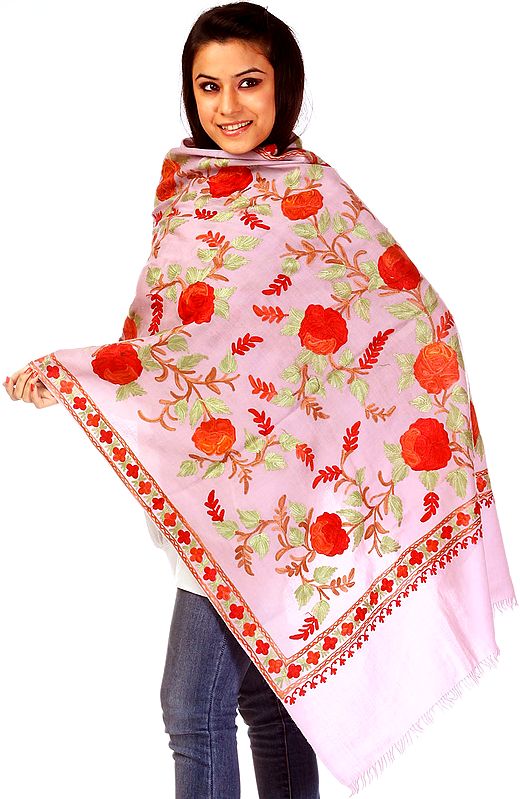 Powder-Pink Kashmiri Stole with Aari Embroidery of Flowers All-Over