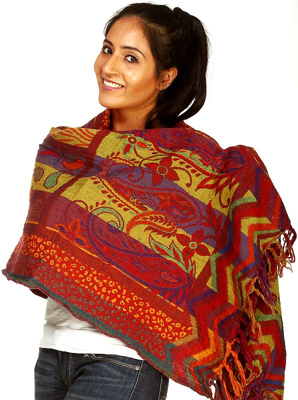 Multi-Color Reversible Stole with Hand Woven Flowers All-Over