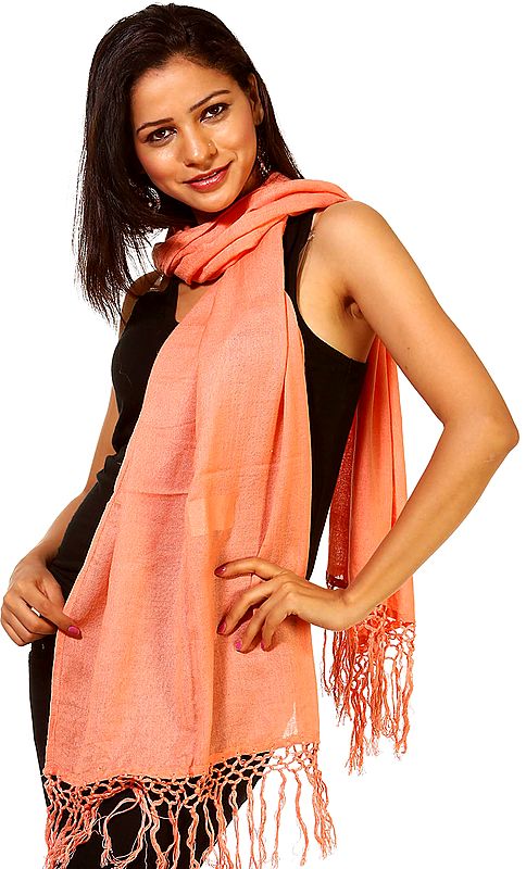 Plain Coral Scarf with Tassels