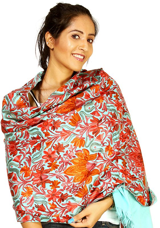 Cyan Kashmiri Stole with Aari Embroidered Flowers All-Over