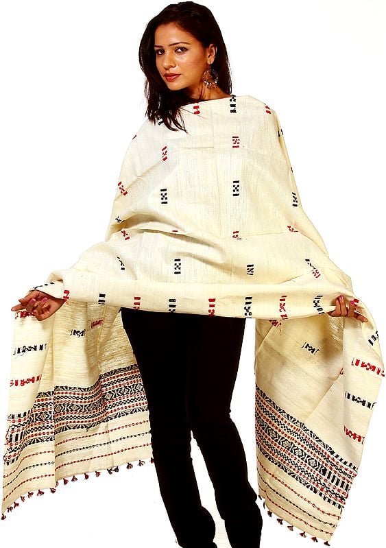 Ivory Hand Woven Shawl From Nagaland