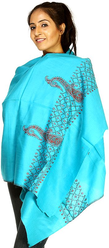Scuba-Blue Plain Kashmiri Stole with Needle Stitched Embroidery Paisleys on Border