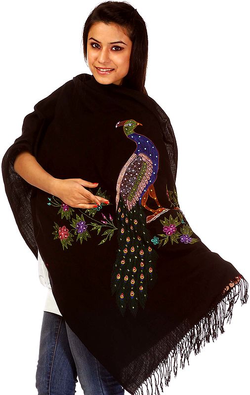 Phantom-Black Stole with Kantha Embroidered Peacock with Sequins