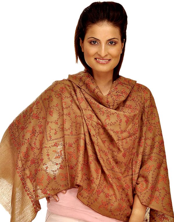 Khaki Kashmiri Stole with Sozni Embroidery by Hand All-Over