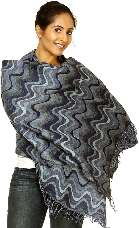 Blue and Gray Reversible Jamawar Stole with Woven Waves