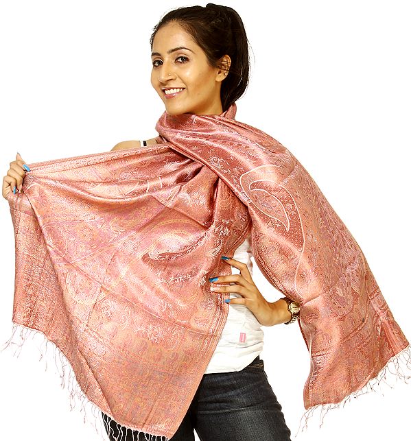 Pink Jamawar Stole with Woven Paisleys All-Over